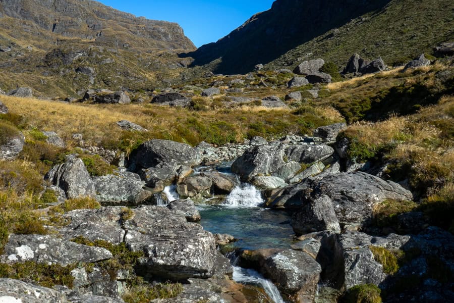 A small waterfall rushes through rocks in Mount Aspiring National Park.