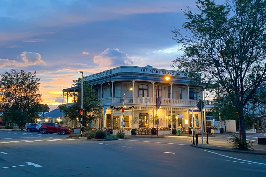 The Martinborough Hotel lights up at sunset and provides the base for a fun day trip or weekend from Wellington.