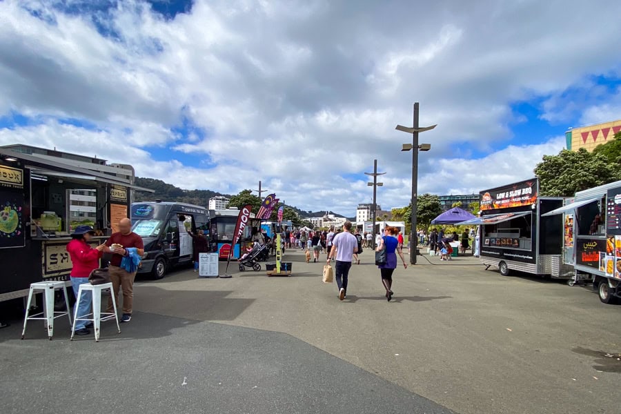 Views of food trucks at the bustling waterfront market – a must if you visit Wellington on a Sunday.