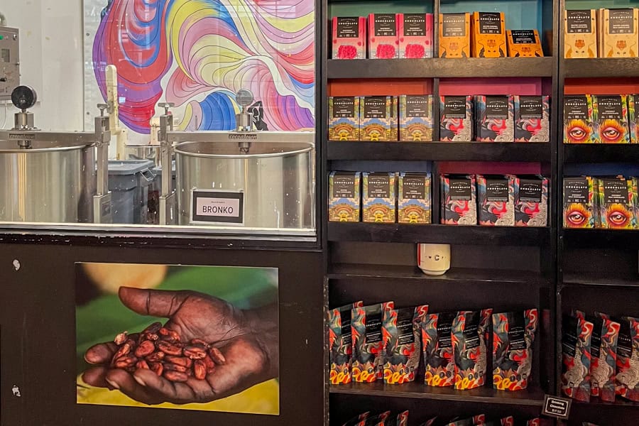 View of colourful displays and vats at the chocolate factory – one of the best things to do in Wellington for sweet tooths.