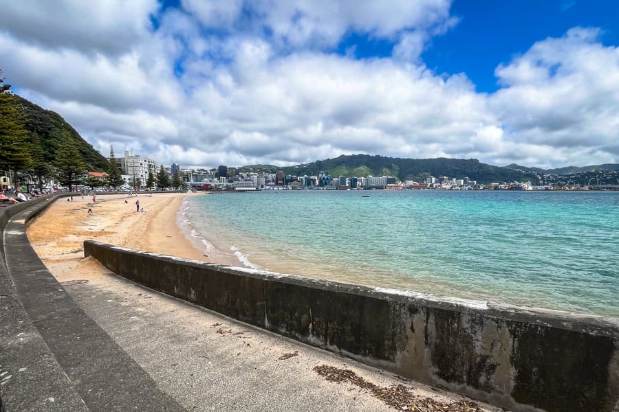 View across the sand towards the city from Oriental Bay – one of many free things to do in Wellington New Zealand.