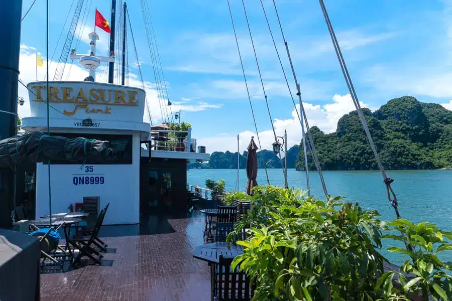 View from the deck of Treasure Junk with islands in the background - we had a fab Bai Tu Long Bay cruise on this boat.