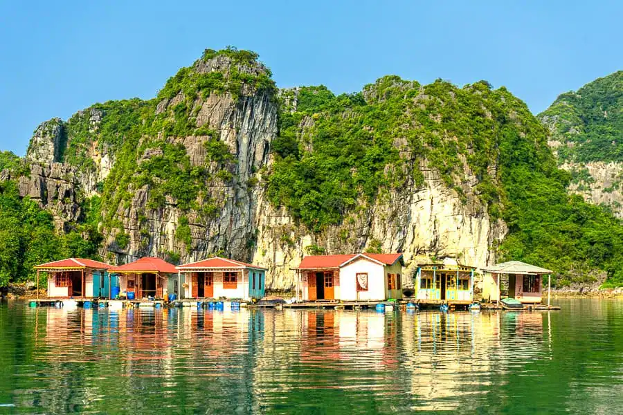 A Vietnamese floating village in front of a karst island – both Halong and Bai Tu Long Bay cruises visit floating village communities.