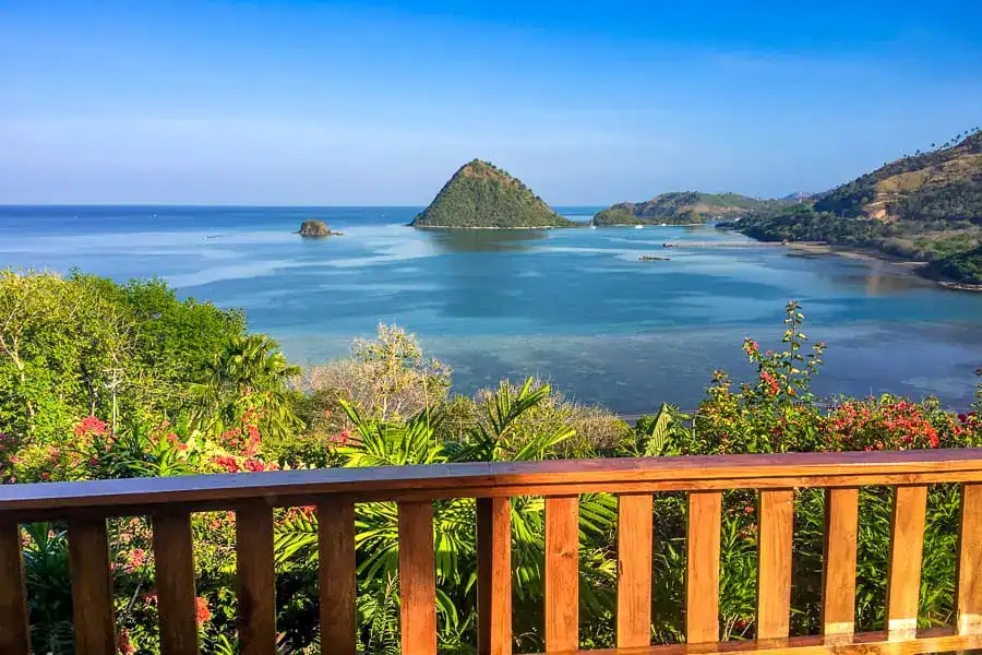 View over the ocean from Golo Hilltop Hotel in Labuan Bajo, a great place to stay before or after your Komodo diving trip.
