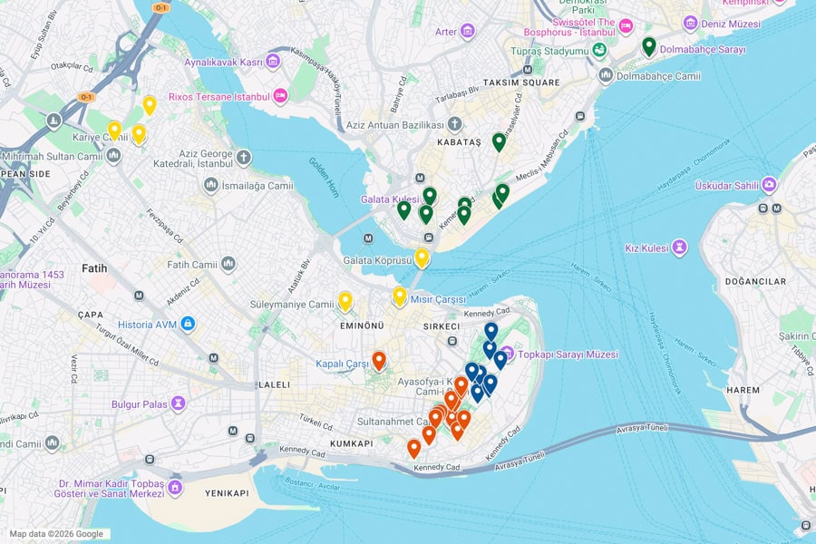 A map showing the day-by-day sites of a 4 day Istanbul itinerary.