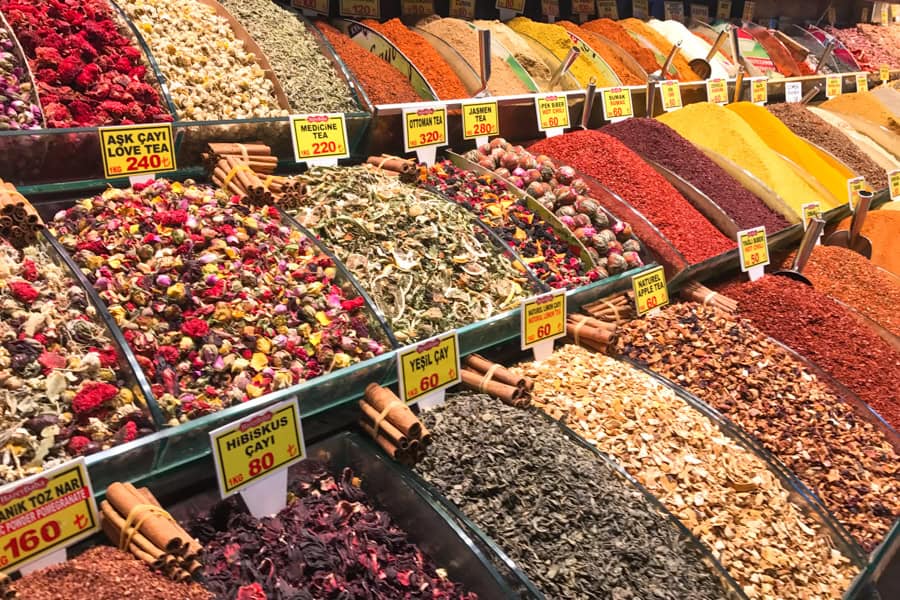 A variety of teas, spices and herbs in containers at the Spice Market.