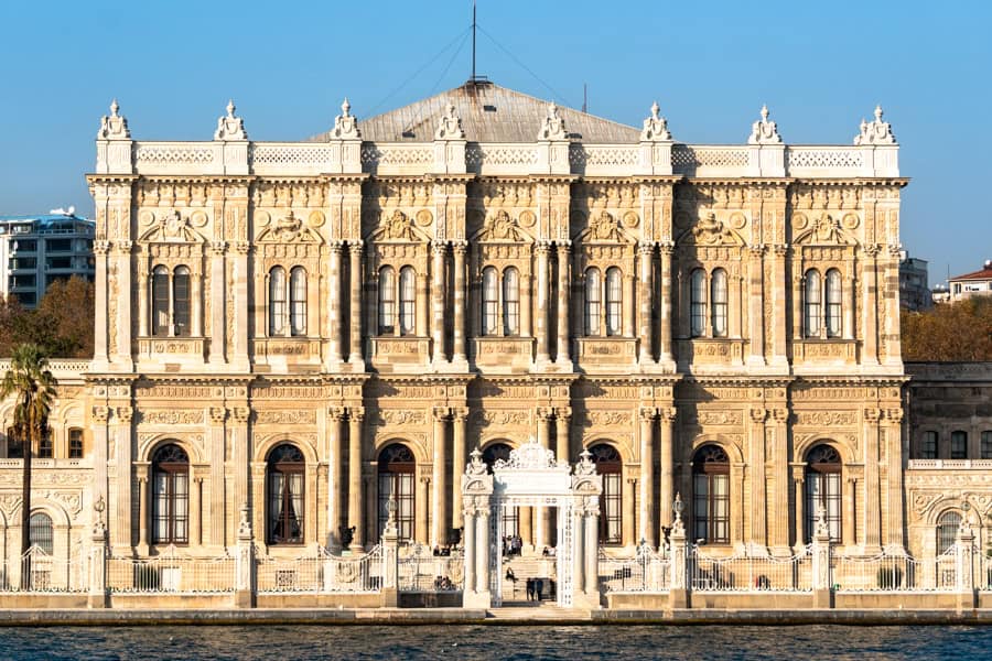 The ornate façade of Dolmabahçe Palace on the waterfront, one of the most popular places to visit in Istanbul.