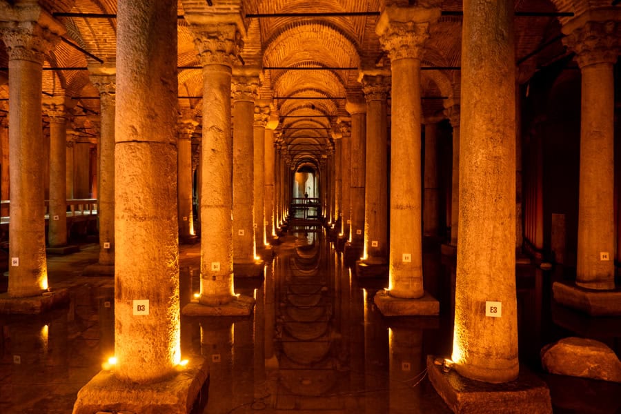 A large underground hall with columns and vaulted ceilings at Basilica Cistern, one of the top Istanbul highlights.