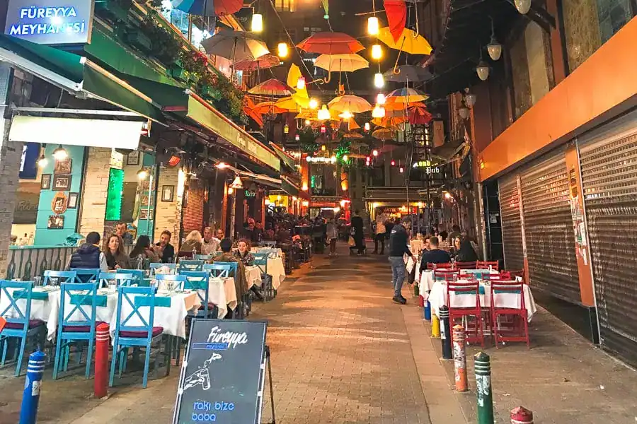 Colourful Ziya Bey Sk in Kadıköy - known as Umbrella Street – a great area to take a food tour when you visit Istanbul.