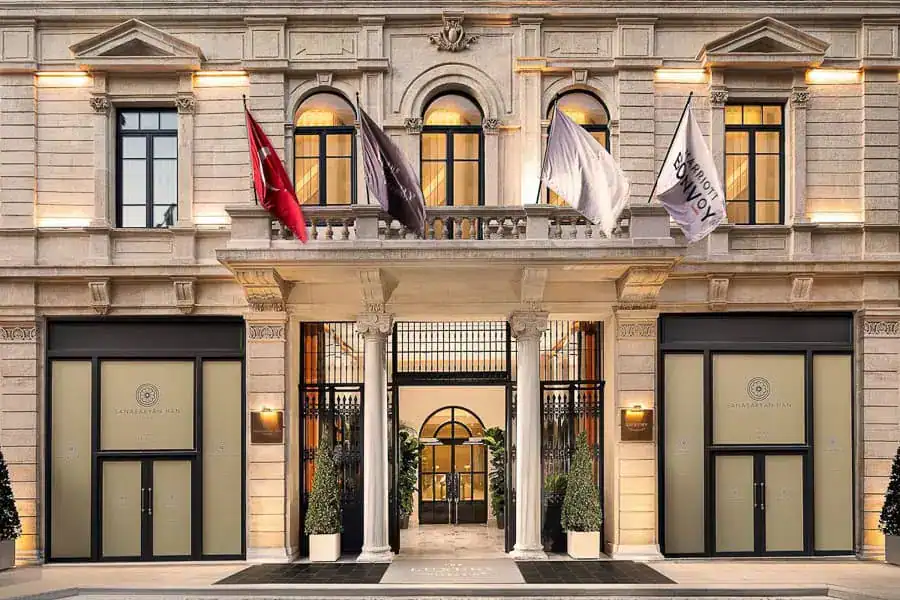 Exterior of the elegant Sanasaryan Han hotel, a great example of what high-end accommodation in Istanbul offers.