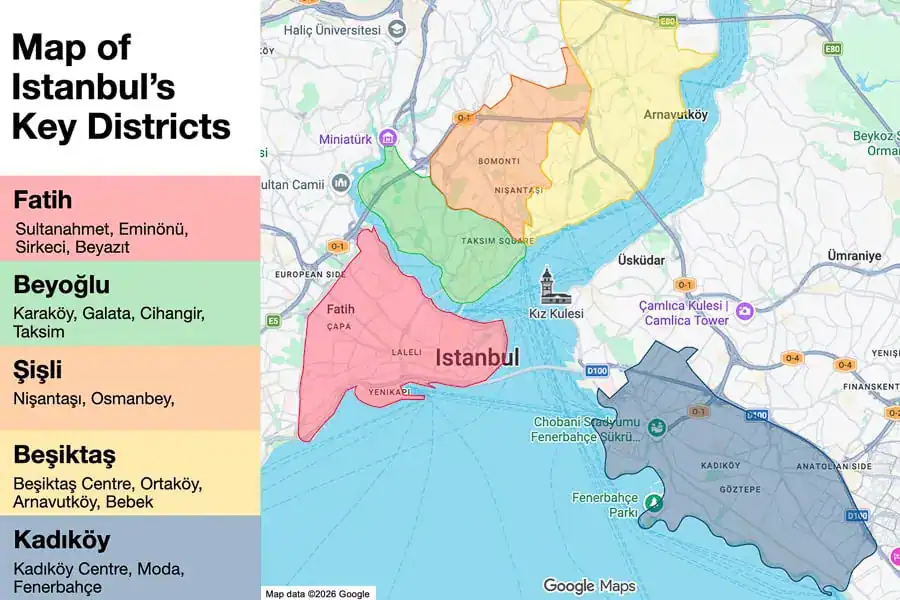 Colour coded map of the key districts for tourist accommodation in Istanbul.