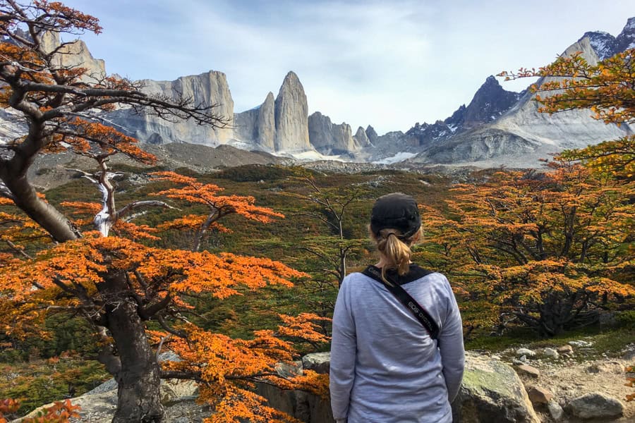 A person looks out at mountains and trees with vibrant Autumn foliage, the best time of year to hike the W trek.