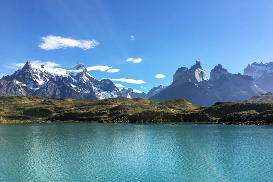 Views across a lake to a panorama of mountain scenery on the W Trek in Patagonia.