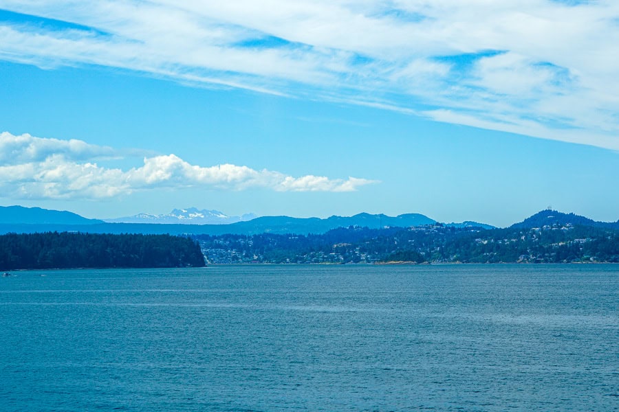 Views of distant snowcapped mountains from the Tsawwassen ferry to Swartz Bay at the start of our Vancouver Island roadtrip.