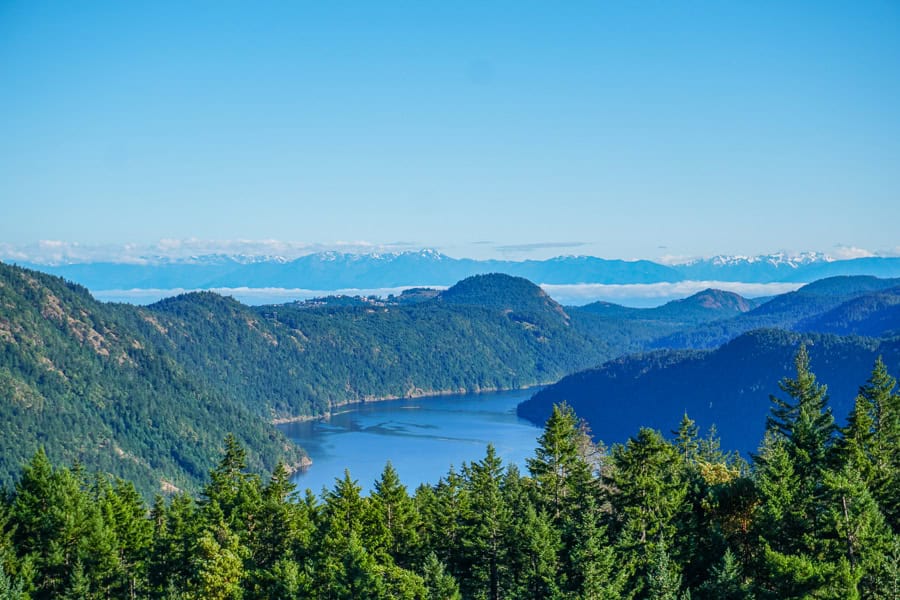 Views across Saanich Inlet towards distant snowcapped mountains – an early stop on our itinerary for Vancouver island.