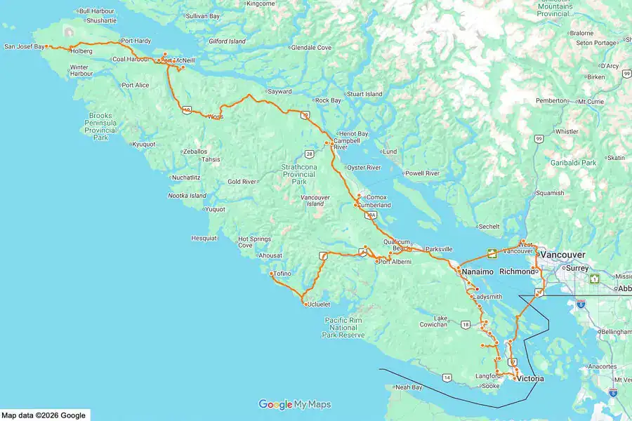 Vancouver Island road trip map on Google with route plotted out in orange.