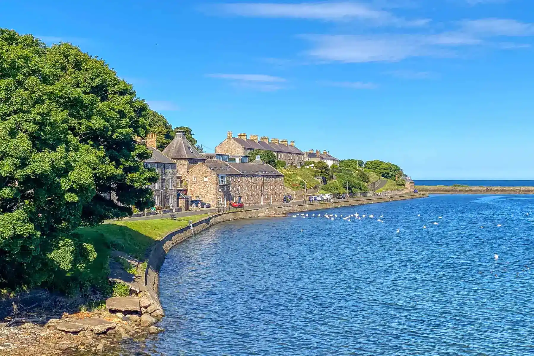 View of stone buildings bathed in sunshine sitting right on the coast at the northern end of our Northumberland 250 route.