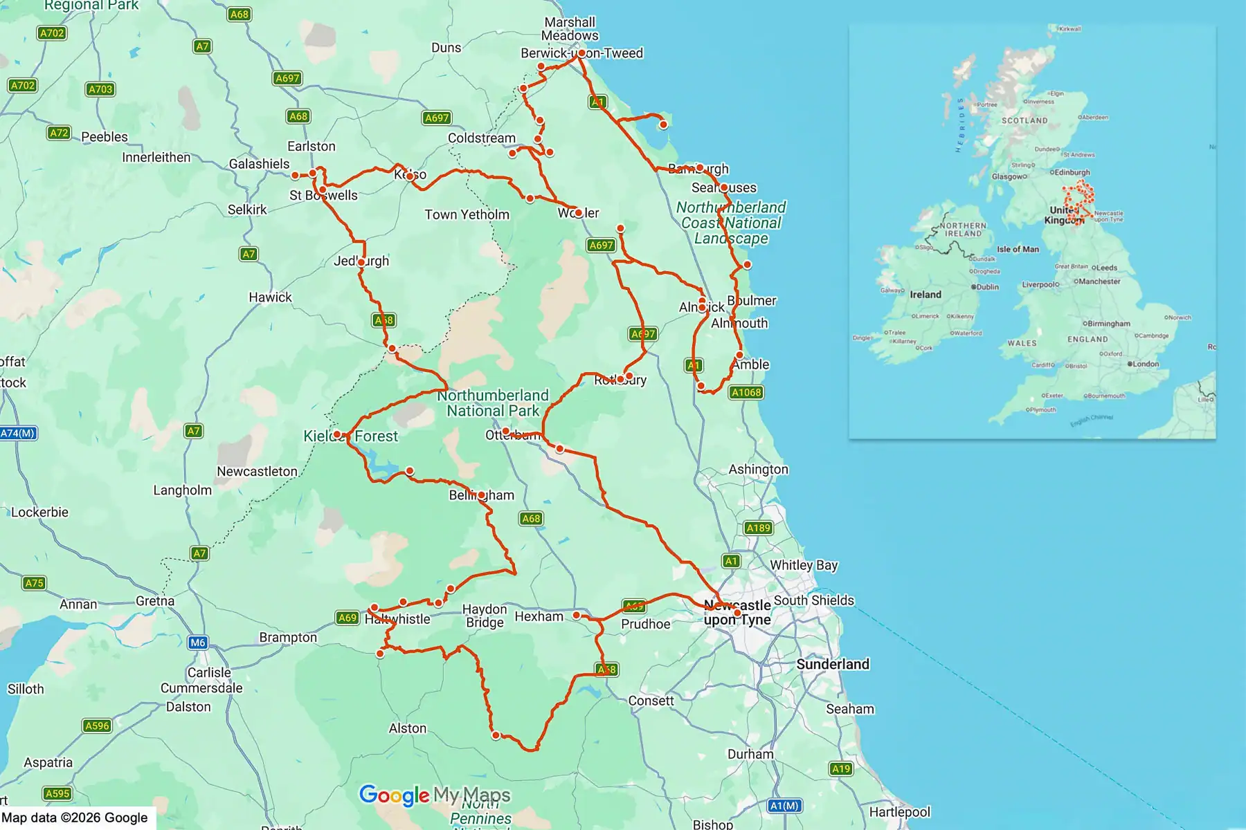 Interactive map of our Northumberland 250 road trip route.