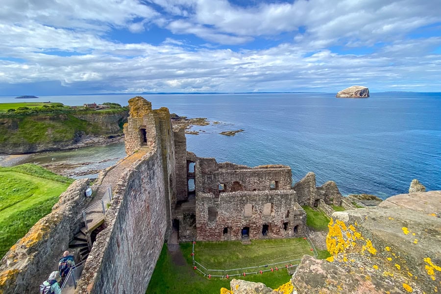 Views over Bass Rock towards the North Sea from the walls of crumbling Tantallon Castle across the border in Scotland.