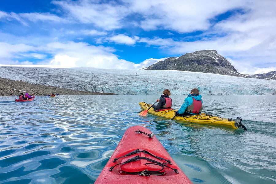 View from a paddler kayaking across Styggevatnet Glacier Lake towards Austdalsbreen Glacier.
