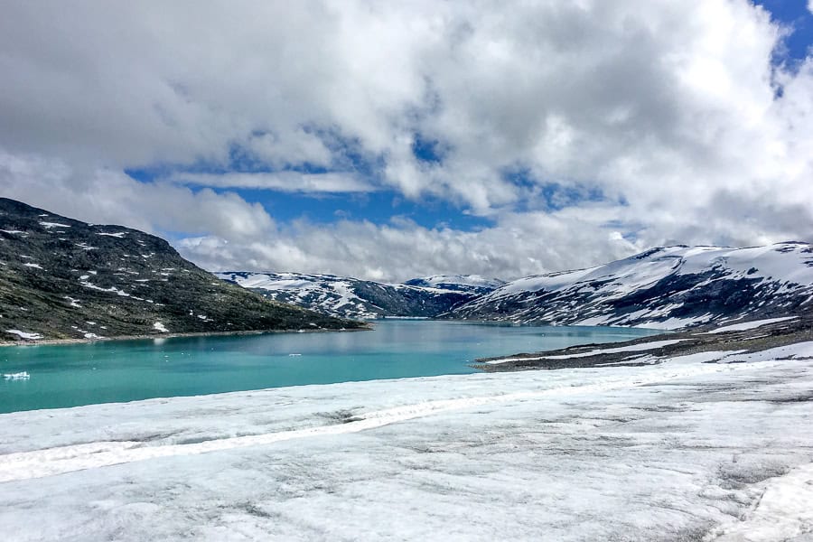 Views towards the turquoise waters of Styggevatnet from the top of our favourite Norway glacier hikes at Austdalsbreen.