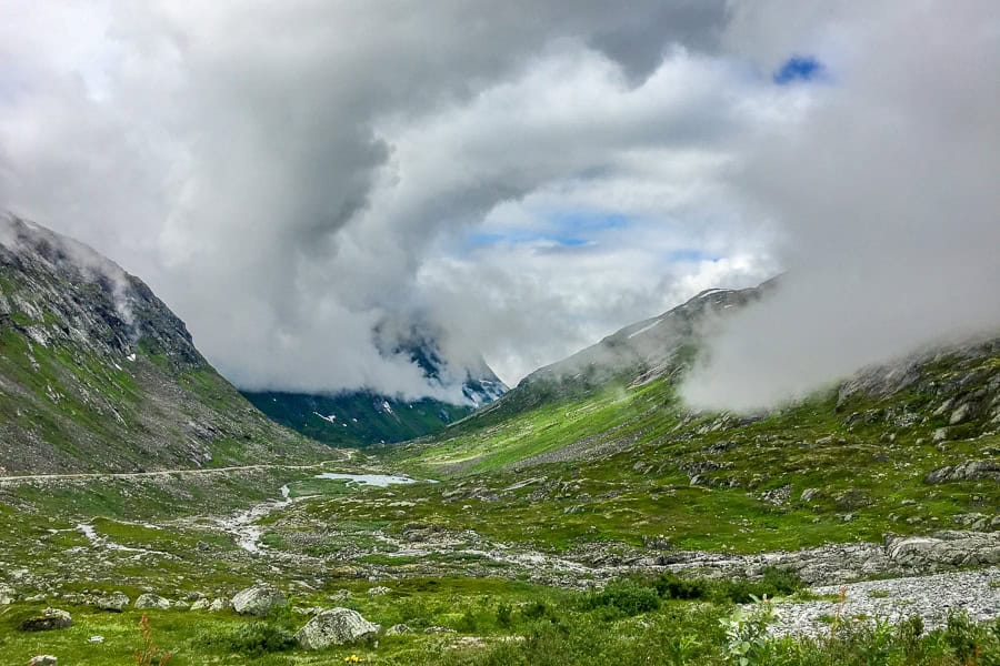Clouds swirl around the mountains as the weather closes in on the road back to Sogndal from Jostedalsbreen National Park.