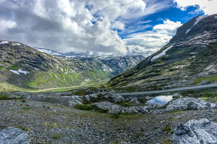 Snow clings to the mountains between Sogndal and Jostedal on the way to our first glacier hike in Norway.