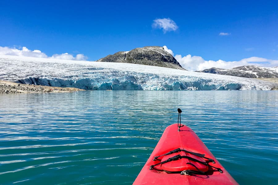 View from the kayak of the 30 metre high terminus of Austdalsbreen glacier before we begin our glacier hike.
